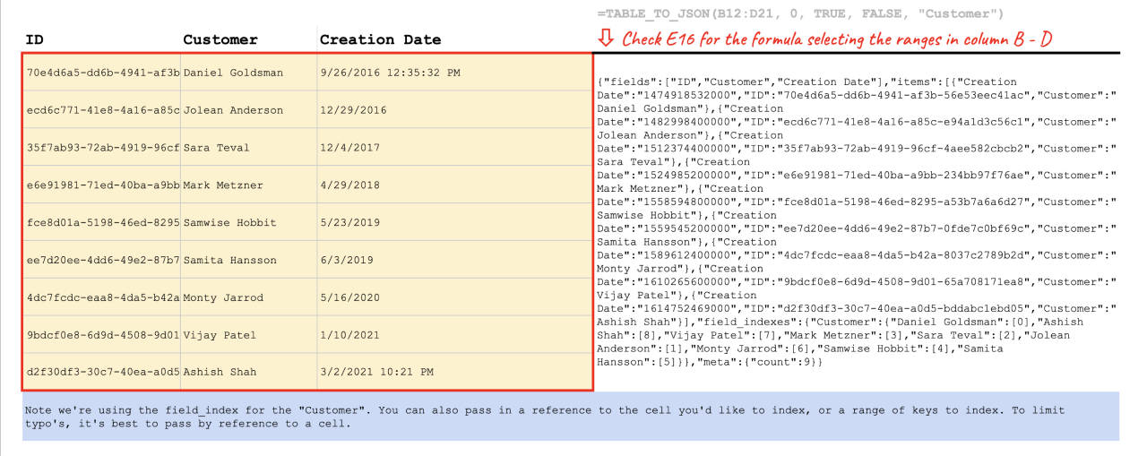 Convert a range to a JSON object with multiple items.
